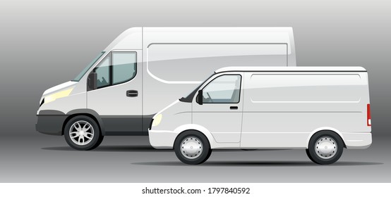 Set of realistic Delivery Van vector Mockup template. Cargo van Template for Corporate identity design on transport and Car Branding. Trucks in the parking lot side view. White blank truck, lorry.