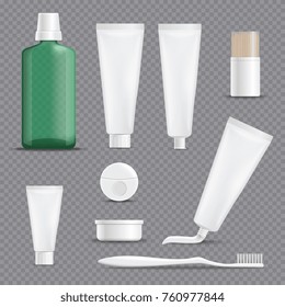 Set of realistic dentifrices with floss, toothpicks, rinse, toothbrush isolated on transparent background vector illustration