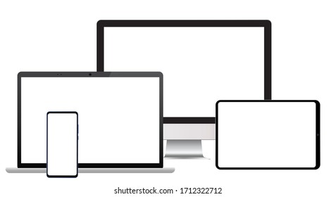 Set of realistic design of different devices desktop, laptop, tablet and smartphone with a blank empty screen. Mock up template monitors and gadgets for landings and presentations.