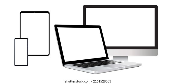 Set of realistic design of different devices: desktop, laptop, tablet and smartphone with a blank empty screen. 