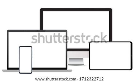 Set of realistic design of different devices desktop, laptop, tablet and smartphone with a blank empty screen. Mock up template monitors and gadgets for landings and presentations.