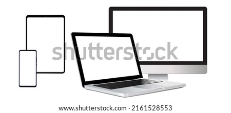 Set of realistic design of different devices: desktop, laptop, tablet and smartphone with a blank empty screen. 