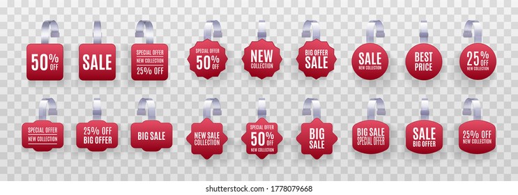 Set of realistic detailed 3d red wobbler promotion sale labels isolated on a transparent background. Vector discount sticker, special offer, plastic price banner, label for your design.