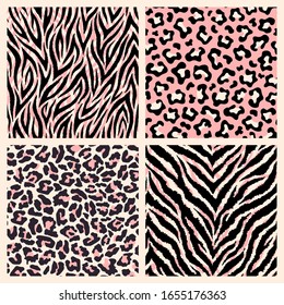 Set of realistic detailed animalistic seamless patterns. Exotic animal backgrounds. Leopard, tiger, zebra, jaguar prints.	