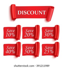 Set of realistic detailed red paper stickers or banners.Discount save. Vector illustration