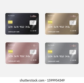 Set Of Realistic Detailed Templates Design For Debit Card, Credit Card. ATM Card Mockup With Gold Metal Gradient Chip.