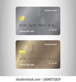 Set Of Realistic Detailed Templates Design For Debit Card, Credit Card. ATM Card Mockup With Gold Metal Gradient Chip.