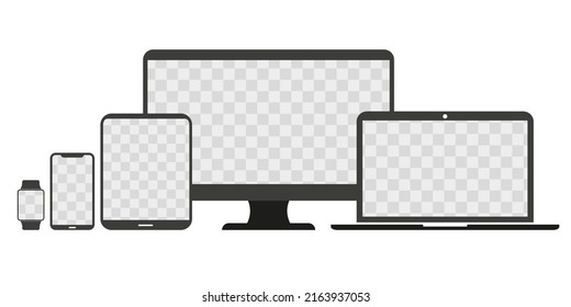 Set of realistic devices layout. Monitor, tablet, smartphone, smart watch. Vector illustration