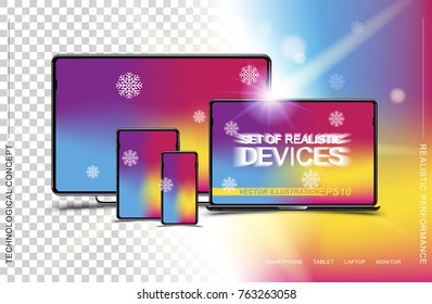 Set of realistic devices. Smartphone, tablet, laptop and monitor on a transparent and colored background. Flat vector illustration EPS 10