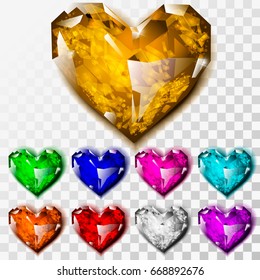 Set of Realistic Diamond Hearts Isolated on Transparent Background. 3D Vector Illustration