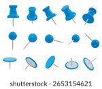 Set of realistic different blue push pin shapes, isolated, in various angles. 3D vector illustration of round-head, flat-head, and classic office-style thumb tacks.