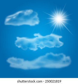 Set of realistic different clouds and shiny sun for any non-white background. Vector illustration.