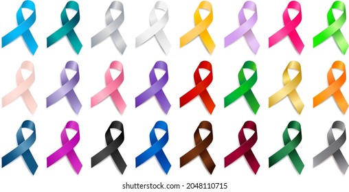 Set of realistic different color ribbon awareness ribbons. Elements for
design. Vector ribbon various colors isolated on white background.