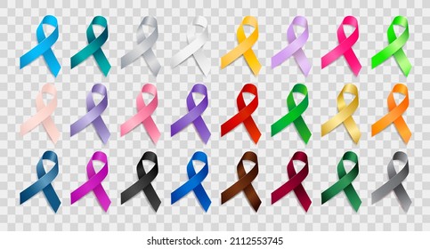 Set of realistic different color ribbon awareness ribbons. Elements for
design. Vector ribbon various colors isolated on white background.