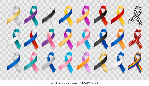 Set of realistic different color ribbon awareness ribbons. Elements for
design. Vector ribbon various colors isolated on white background.