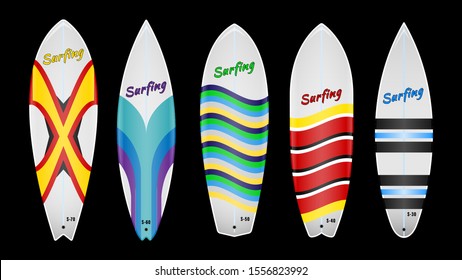 Set realistic different surfboards with colorful abstract pattern isolated on a black background. Vector illustration stock.