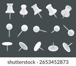 Set of realistic different white push pin shapes, isolated, in various angles. 3D vector illustration of round-head, flat-head, and classic office-style thumb tacks.