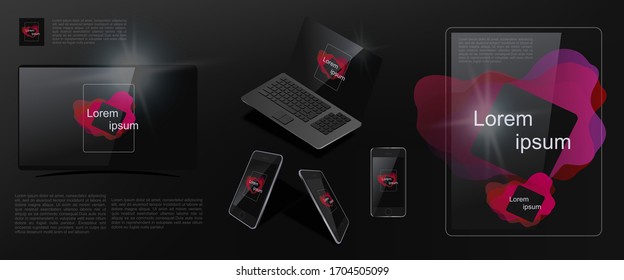 Set of realistic digital devices in black design. TV, laptop, smartphone  with blank screens for your company. A collection of gadgets in 3D, isometric view