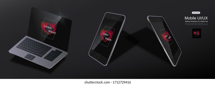 Set of realistic digital devices. Laptop and cellphone with blank screen on black background. New design for your company