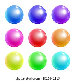 Set of realistic dimensional colorful glossy spheres with reflections isolated on white background. Vector illustration for your graphic design.