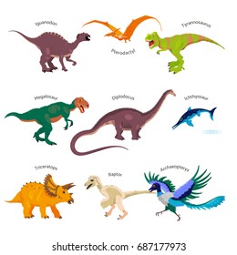 Set of realistic dinosaurs. Isolated vector illustrations of Archaeopteryx, Pterodactyl, Ichthyosaur, Megalosaur, Tyrannosaurus rex, Raptor etc