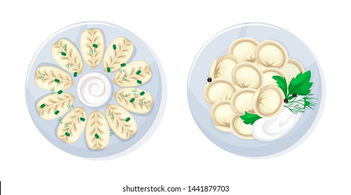 Set of realistic dishes from meat and dough food, caucasian russian kitchen traditional tasty food kurze and dumplings. National cuisine isolated icons vector illustration