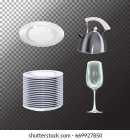 Set of realistic dishes objects. Vector isolated plates, teapot and wine glass on transparent background
