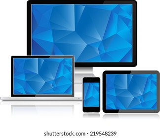 Set of realistic display, laptop, tablet , computer and mobile phone template with blue screen