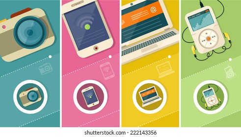 Set of realistic display laptop tablet computer smartphone MP3 player camera and mobile phone template in flat design style. Different modern personal gadgets