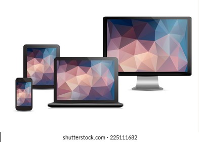 Set of realistic display, laptop, tablet computer and mobile phone template with polygon backgrounds. Vector.