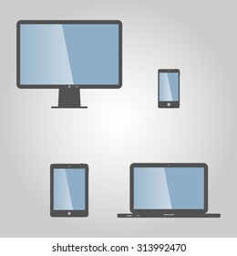 Set of realistic display, laptop, tablet computer and mobile phone template with blue screen
