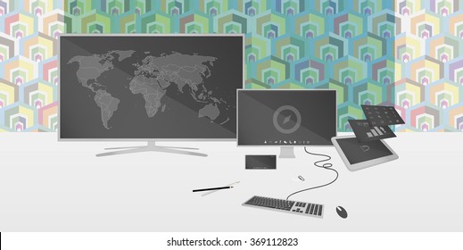 Set of realistic display, laptop, tablet computer and mobile phone template with dark screen