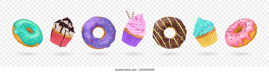 Set of realistic donuts and cupcakes with splashes, cream and icing isolated on transparent background. 3d vector illustration