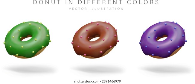 Set of realistic donuts of different colors. Sweet pastries with toppings and sprinkles. Isolated vector illustration. Sweet fast food. Hot baked goods to go