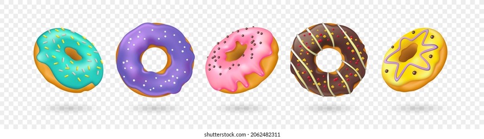 Set of realistic donuts with sprinkles isolated on transparent background. 3d vector illustration