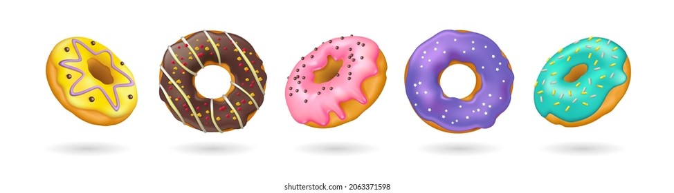 Set of realistic donuts with sprinkles isolated on white background. 3d vector illustration