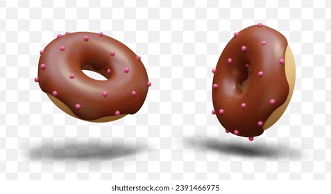 Conjunto de donuts realistas en posición vertical y horizontal. Postre acristalado con espolvorines. Buena comida rápida caliente. Horneando para el desayuno. Imágenes de color del vector