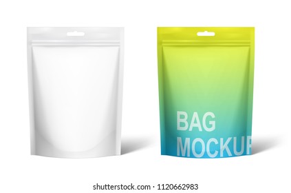 Set of realistic doy pack with mock up isolated on white background. Vector illustration. Front view. Can be use for template your design, presentation, promo, ad. EPS 10.