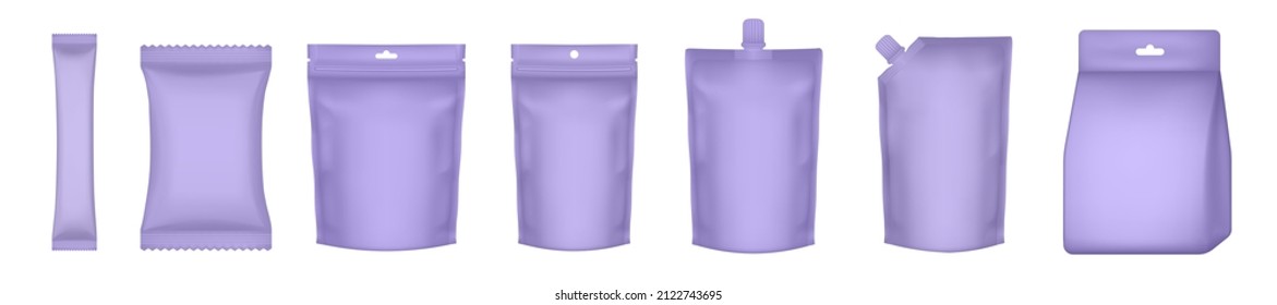 Set of realistic doy pack mockups. Purple flow pack, sachet, zip bag, and doypack. Ice cream wrapper. Lavender sheet mask sachet. Tea, sause, or candy packaging. Laundry detergent bag