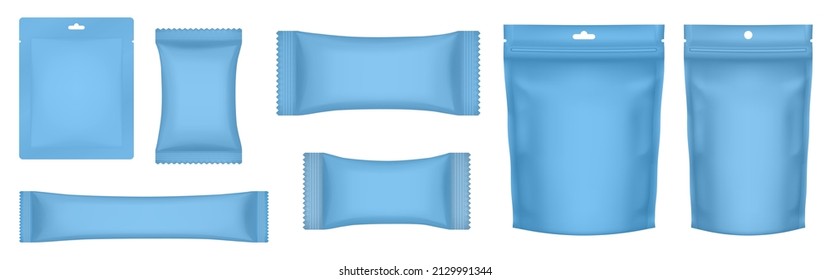 Set von realistischen Doy Pack-Samups. Blue Flow Packung, Beutel, Reißverschluss und Doypack. Eiscreme-Wrapper Beutel mit Blechmaske. Kaffee-, Heiß- oder Süßigkeitsverpackung.