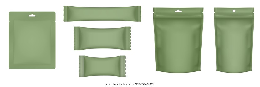 Set of realistic doy pack mockups. Dark green flow pack, sachet, zip bag and doypack. Ice cream wrapper. Sheet mask sachet. Coffee, sause or candy packaging. Khaki