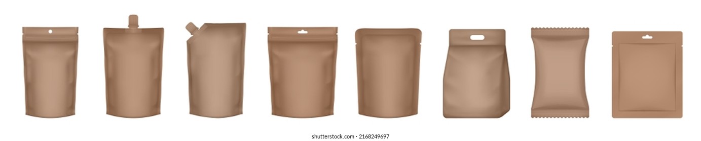 Set of realistic doy pack mockups. Brown flow pack, sachet, zip bag and doypack. Sheet mask sachet. Coffee, sause or candy packaging. Laundry detergent