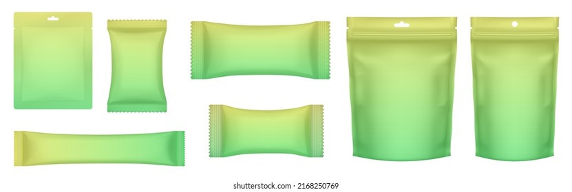 Set Of Realistic Doy Pack Mockups. Green And Yellow Gradient Flow Pack, Sachet, Zip Bag, And Doypack. Ice Cream Wrapper. Lime Sheet Mask Sachet.