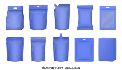 Set of realistic doy pack mockups. Blue flow pack, sachet, zip bag and doypack. Sheet mask sachet. Laundry detergent bag and box with transparent window