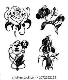 Set of realistic drawing of a flower with leaves in Art Deco style. Hand drawn illustrations of rose, iris, pansies, orchids for a greeting card, tattoo or any other kind of design