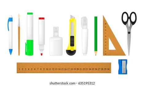 Set of realistic drawings of office supplies isolated on white background. Vector illustration.