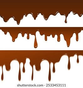 Set of realistic dripping brown chocolate illustrations isolated in white background. World Chocolate Day celebration element.