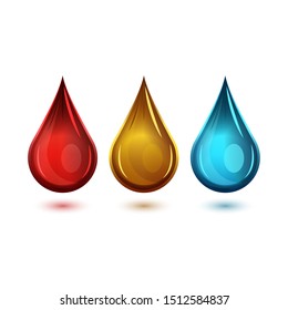 Set of realistic drops of various liquids and substances of red, blue and honey-brown, bright 3D design elements for fluid products