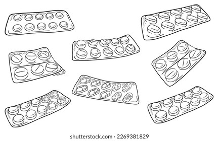 Set of realistic drugs pills medications blisters in black isolated on white background. Hand drawn vector sketch illustration in doodle simple outline vintage engraved style. Painkiller, antibiotic