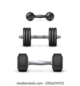 Set of realistic dumbbells. Equipment for bodybuilding and workout. Vector illustration